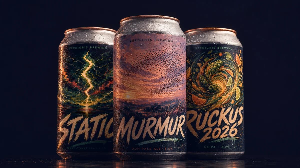 Fictional Verdigris Brewing beers: Static, Murmur and Ruckus 2026